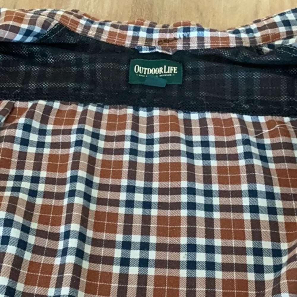 Outdoor Life Plaid Flannel Shirt Brown Blue White Long Sleeve Button Up Large - Picture 4 of 5